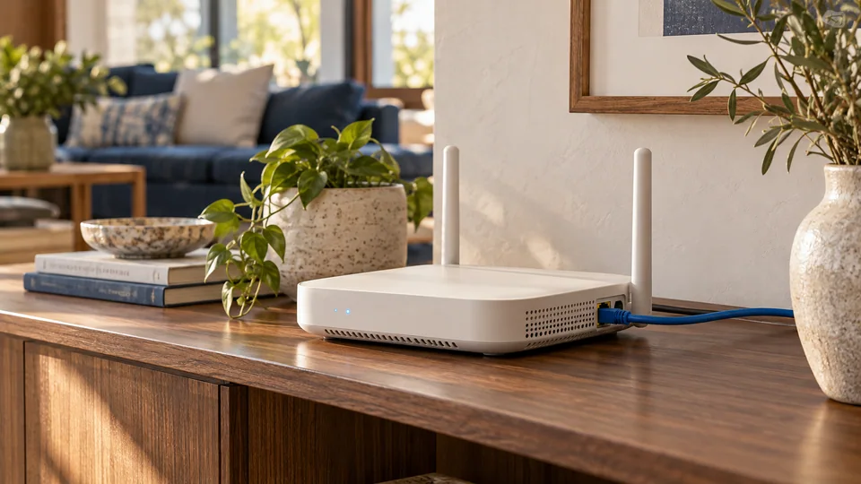 A white home router with an Ethernet cable on a walnut shelf beside a living-room sofa