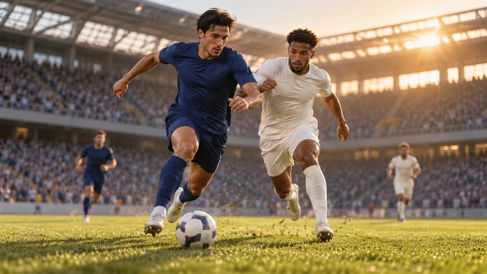 Two soccer players in blue and ivory kits chasing the ball under evening stadium lights