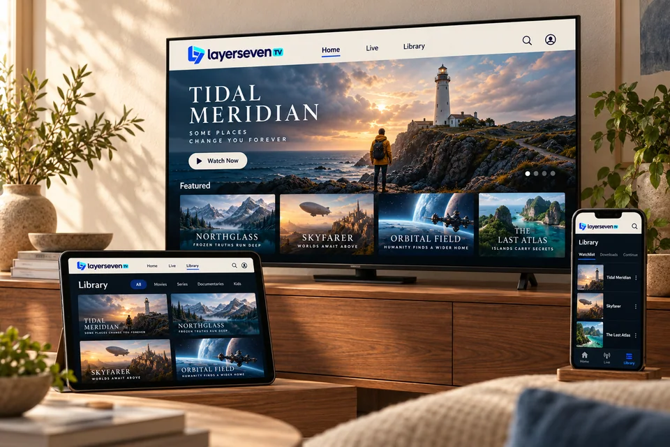 The same LayerSeven TV library on a television, a tablet and a phone in one living room