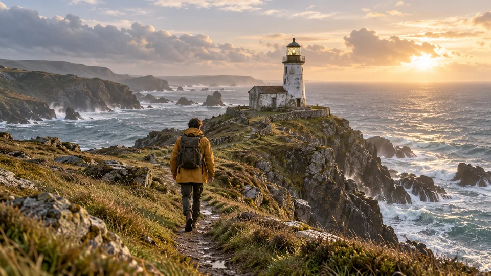 A traveler in an ochre coat walking toward a lighthouse on a cliff at sunset