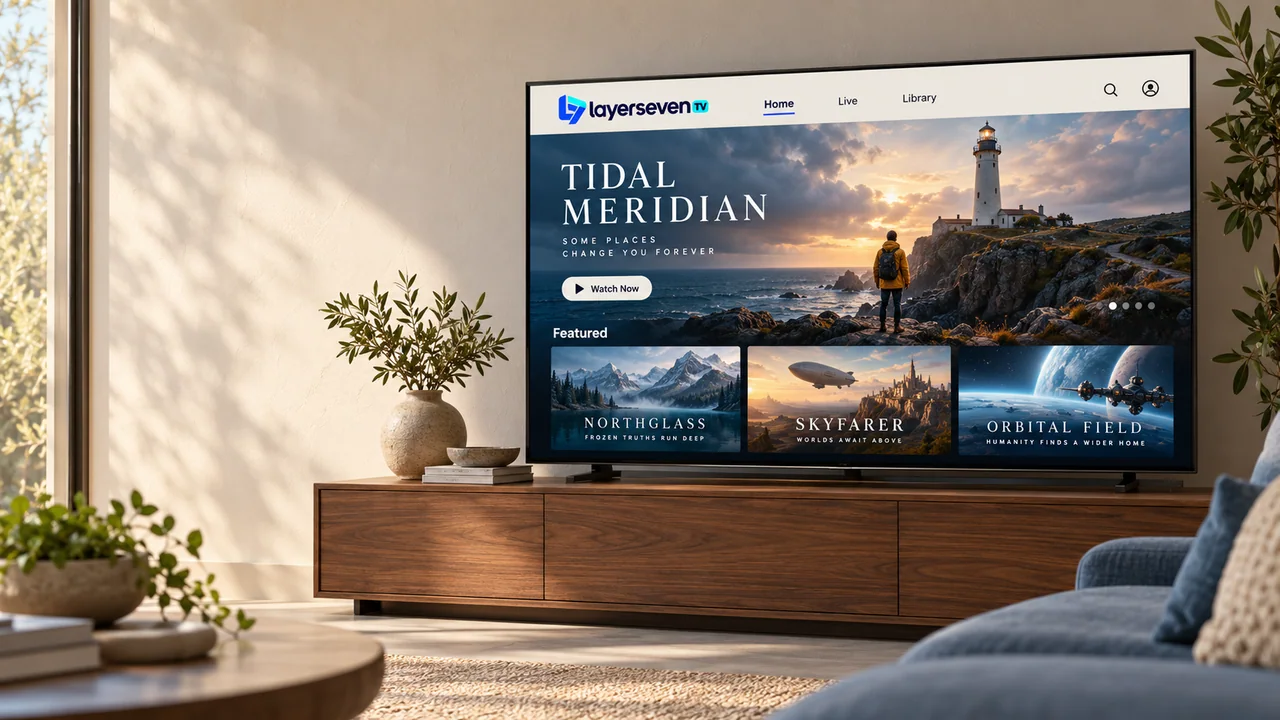 LayerSeven TV library on a television in a sunlit living room, with a walnut cabinet and a blue sofa