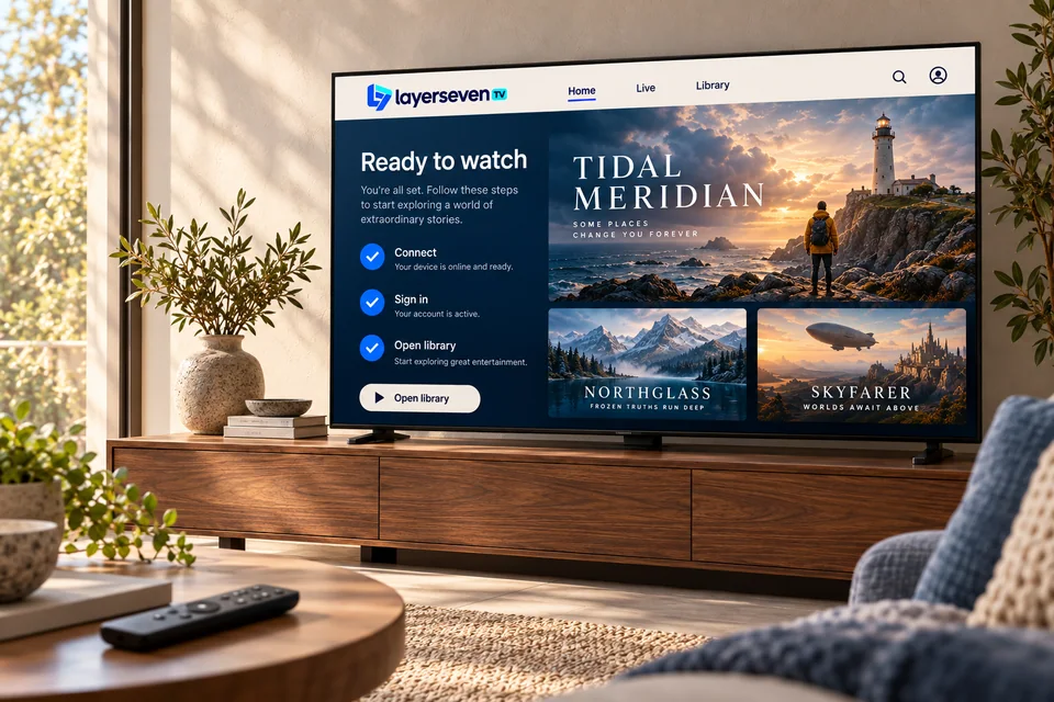 Television showing a completed LayerSeven TV setup checklist, with the remote on the coffee table