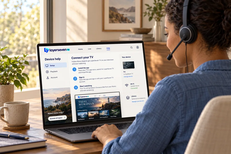 A support specialist wearing a headset reviews a device-help screen on a laptop