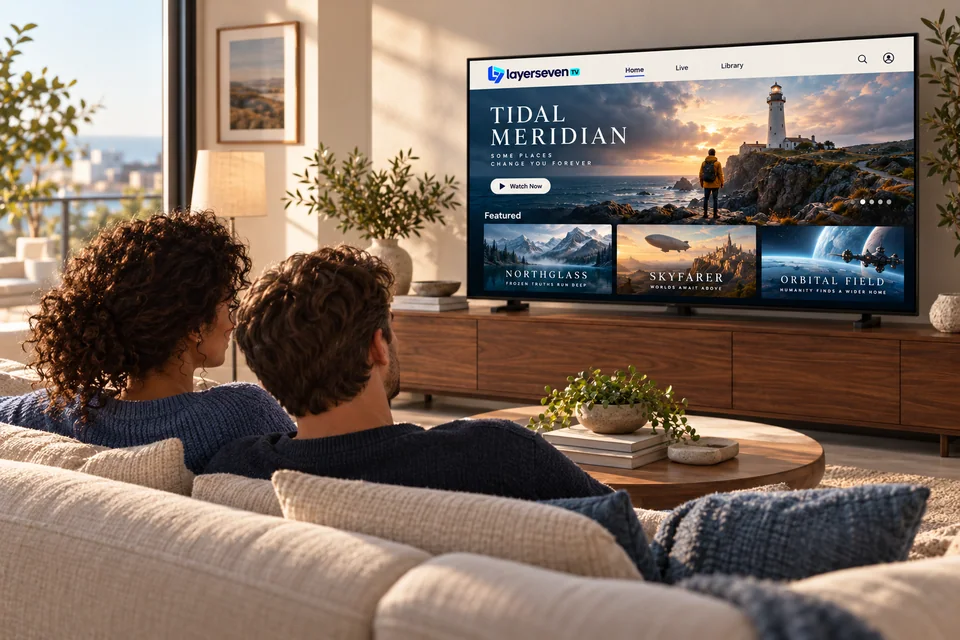 Two people relaxing on a sofa while browsing the LayerSeven TV library on their television