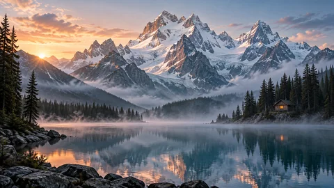 Snowy mountains above a still alpine lake at dawn