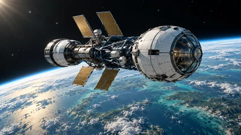A research spacecraft above the blue horizon of a planet