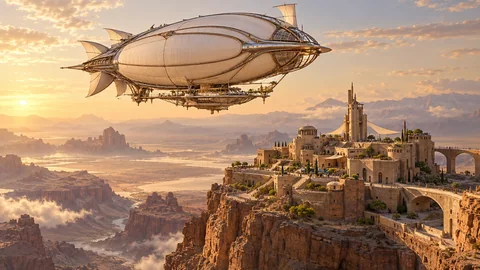 An airship drifting over a sunlit desert town