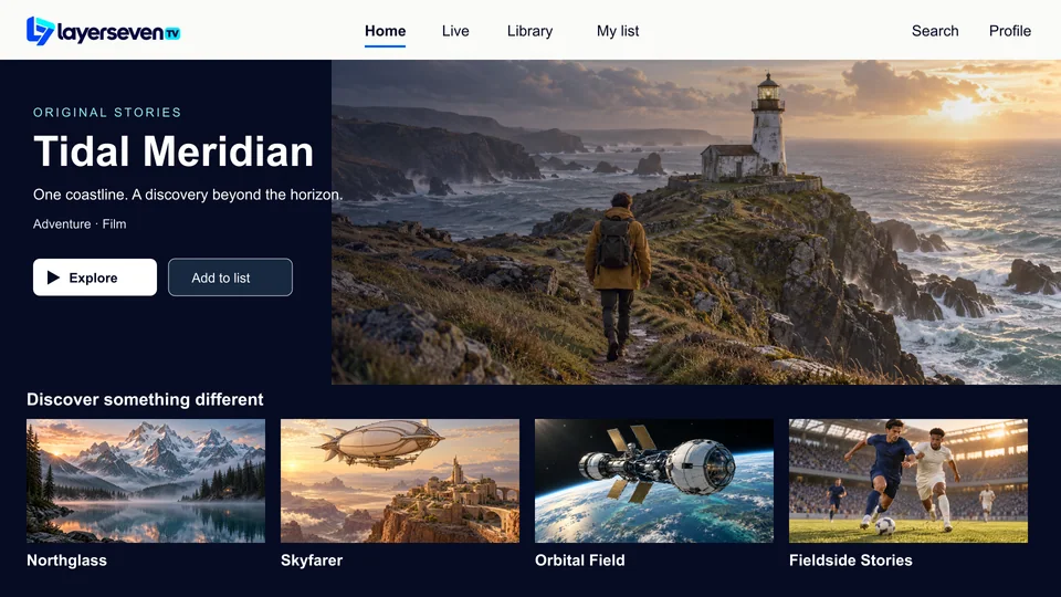 LayerSeven TV library screen showing a featured film, browsing tabs and a row of titles